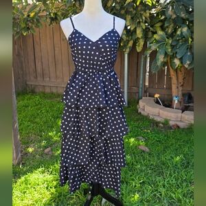 Vintage Polka Dot Tiered Black Midi Dress Summer